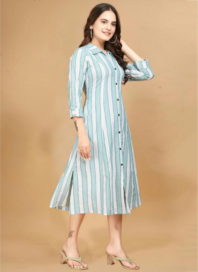 Cotton Sky Blue Casual Wear Printed Readymade Gown